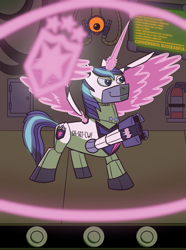 Size: 953x1280 | Tagged: safe, artist:sergeant16bit, shining armor, alicorn, pony, robot, robot pony, g4, alicornified, arm cannon, cannon, conveyor belt, force field, hologram, magic, male, monitor, prince shining armor, race swap, roboticization, shield, smiling, smirk, stallion, transformation, wings