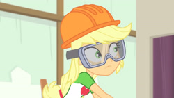 Size: 3410x1920 | Tagged: safe, screencap, applejack, constructive criticism, equestria girls, g4, my little pony equestria girls: better together, clothes, cutie mark, cutie mark on clothes, female, goggles, helmet, high res, solo