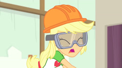 Size: 3410x1920 | Tagged: safe, screencap, applejack, constructive criticism, equestria girls, g4, my little pony equestria girls: better together, clothes, cutie mark, cutie mark on clothes, eyes closed, female, goggles, helmet, high res, open mouth, solo