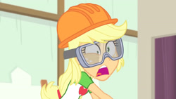 Size: 3410x1920 | Tagged: safe, screencap, applejack, constructive criticism, equestria girls, g4, my little pony equestria girls: better together, clothes, cutie mark, cutie mark on clothes, female, goggles, helmet, high res, open mouth, solo