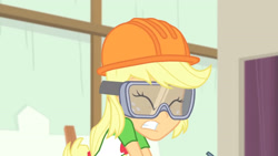 Size: 3410x1920 | Tagged: safe, screencap, applejack, constructive criticism, equestria girls, g4, my little pony equestria girls: better together, clothes, cutie mark, cutie mark on clothes, eyes closed, female, goggles, hammer, helmet, high res, solo