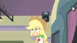 Size: 3410x1920 | Tagged: safe, screencap, applejack, constructive criticism, equestria girls, g4, my little pony equestria girls: better together, applejack's hat, clothes, cowboy hat, cutie mark, cutie mark on clothes, female, geode of super strength, hat, high res, jewelry, magical geodes, necklace, solo