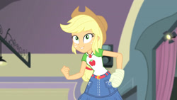 Size: 3410x1920 | Tagged: safe, screencap, applejack, constructive criticism, equestria girls, g4, my little pony equestria girls: better together, applejack's hat, belt, broken hand, clothes, cowboy hat, cutie mark, cutie mark on clothes, denim skirt, female, geode of super strength, hat, high res, jewelry, magical geodes, necklace, skirt, smiling, solo