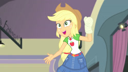 Size: 3410x1920 | Tagged: safe, screencap, applejack, constructive criticism, equestria girls, g4, my little pony equestria girls: better together, applejack's hat, belt, broken hand, clothes, cowboy hat, cutie mark, cutie mark on clothes, denim skirt, female, geode of super strength, hat, high res, jewelry, magical geodes, necklace, open mouth, skirt, solo