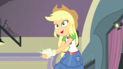 Size: 3410x1920 | Tagged: safe, screencap, applejack, constructive criticism, equestria girls, g4, my little pony equestria girls: better together, applejack's hat, belt, broken hand, clothes, cowboy hat, cutie mark, cutie mark on clothes, denim skirt, female, geode of super strength, hat, high res, jewelry, magical geodes, necklace, open mouth, skirt, solo