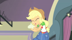 Size: 3410x1920 | Tagged: safe, screencap, applejack, constructive criticism, equestria girls, g4, my little pony equestria girls: better together, applejack's hat, belt, broken hand, clothes, cowboy hat, cutie mark, cutie mark on clothes, denim skirt, eyes closed, female, geode of super strength, hat, high res, jewelry, magical geodes, necklace, open mouth, skirt, solo