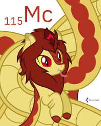 Size: 4000x5000 | Tagged: safe, artist:parclytaxel, oc, oc only, oc:acorn, hybrid, kirin, lamia, original species, series:joycall6's periodic table, .svg available, absurd resolution, chemistry, commission, cute, cute little fangs, fangs, forked tongue, impossibly long tail, long tongue, male, moscovium, periodic table, raised hoof, simple background, slit pupils, smiling, solo, tongue out, vector, white background, yellow sclera