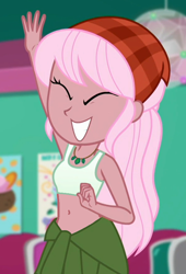 Size: 596x878 | Tagged: safe, edit, edited screencap, screencap, raspberry lilac, equestria girls, g4, my little pony equestria girls: choose your own ending, tip toppings, bandana, belly button, clothes, cropped, eyes closed, female, frozen yogurt shop, midriff, poster, raised arm, smiling, solo, sports bra, tank top