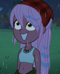 Size: 880x1080 | Tagged: safe, edit, edited screencap, screencap, raspberry lilac, equestria girls, g4, let it rain, my little pony equestria girls: better together, bandana, belly button, clothes, cropped, cute, female, jewelry, midriff, necklace, outdoors, rain, sleeveless, smiling, solo, sports bra, tank top, wet, wet hair