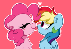 Size: 4552x3132 | Tagged: safe, artist:kittyrosie, pinkie pie, rainbow dash, earth pony, pegasus, pony, g4, blushing, chest fluff, cute, dashabetes, diapinkes, duo, ear fluff, eyes closed, female, lesbian, licking, nose licking, open mouth, pink background, ship:pinkiedash, shipping, simple background, tongue out