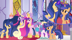 Size: 1024x577 | Tagged: safe, artist:velveagicsentryyt, princess cadance, princess flurry heart, twilight sparkle, oc, oc:galaxy swirls, oc:velvet sentry, alicorn, pony, unicorn, g4, the last problem, female, mare, offspring, older, older flurry heart, older twilight, older twilight sparkle (alicorn), parent:flash sentry, parent:twilight sparkle, parents:flashlight, princess twilight 2.0, twilight sparkle (alicorn), ultimate cadance