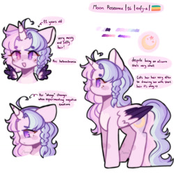 Size: 1280x1280 | Tagged: safe, artist:moon-rose-rosie, oc, oc only, oc:celestial moon, oc:moon roseanne, alicorn, pony, ahoge, alicorn oc, beanbrows, braid, coat markings, colored horn, colored wings, colored wingtips, crying, ears back, eyebrows, facial markings, female, filly, foal, folded wings, freckles, horn, lightly watermarked, magical lesbian spawn, mare, offspring, pansexual pride flag, parent:rainbow dash, parent:twilight sparkle, parents:twidash, pride, pride flag, reference, reference sheet, sad, side view, simple background, solo, sparkly wings, spread wings, standing, star (coat marking), text, two toned wings, watermark, white background, wings, younger