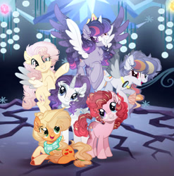 Size: 900x912 | Tagged: safe, artist:magicallightsentryyt, applejack, fluttershy, pinkie pie, rainbow dash, rarity, tree of harmony, twilight sparkle, alicorn, pony, g4, alternate design, base used, coat markings, deviantart watermark, facial markings, mane six, obtrusive watermark, snip (coat marking), socks (coat markings), twilight sparkle (alicorn), watermark