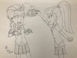 Size: 1024x768 | Tagged: safe, artist:mayorlight, indigo zap, sour sweet, equestria girls, g4, my little pony equestria girls: friendship games, clothes, crystal prep academy uniform, goggles, monochrome, open mouth, pencil drawing, school uniform, shrunken pupils, this will end in pain, this will not end well, traditional art