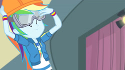 Size: 3410x1920 | Tagged: safe, screencap, rainbow dash, constructive criticism, constructive criticism: rainbow dash, equestria girls, g4, my little pony equestria girls: better together, clothes, cutie mark, cutie mark on clothes, eyes closed, female, geode of super speed, goggles, helmet, high res, hoodie, jewelry, magical geodes, necklace, smiling, solo