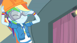 Size: 3410x1920 | Tagged: safe, screencap, rainbow dash, constructive criticism, constructive criticism: rainbow dash, equestria girls, g4, my little pony equestria girls: better together, clothes, cutie mark, cutie mark on clothes, eyes closed, female, geode of super speed, goggles, helmet, high res, hoodie, jewelry, magical geodes, necklace, smiling, solo