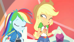 Size: 3410x1920 | Tagged: safe, screencap, applejack, rainbow dash, constructive criticism, constructive criticism: rainbow dash, equestria girls, g4, my little pony equestria girls: better together, applejack's hat, belt, clothes, cowboy hat, cutie mark, cutie mark on clothes, denim skirt, eyes closed, female, geode of super speed, geode of super strength, hat, high res, hoodie, jewelry, magical geodes, necklace, one eye closed, open mouth, skirt