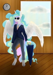 Size: 1527x2160 | Tagged: safe, artist:jennifer696jones, princess celestia, alicorn, anthro, unguligrade anthro, g4, clothes, cloud, female, kingsman: the secret service, partially open wings, sky, solo, sunglasses, umbrella, wings