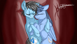Size: 1024x580 | Tagged: artist needed, safe, oc, oc:angel wings, oc:zuro, changeling, pegasus, pony, fanfic:changing odds, cuddling, disguise, disguised changeling, fanfic, fanfic art, female, husband and wife, lying down, male, original artist:inuhoshi-to-darkpen, stolen art, trace