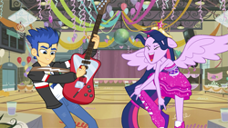 Size: 1023x575 | Tagged: safe, artist:bbbhuey, artist:cloudy glow, artist:epiccartoonsfan, flash sentry, twilight sparkle, alicorn, human, equestria girls, g4, my little pony equestria girls, balloon, boots, canterlot high, clothes, crown, dancing, devil horn (gesture), do the sparkle, dress, duo, eyes closed, floppy ears, grin, guitar, gymnasium, jewelry, musical instrument, open mouth, open smile, playing instrument, ponied up, regalia, shoes, show accurate, smiling, spread wings, streamers, twilight sparkle (alicorn), vector, wings