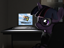 Size: 2873x2160 | Tagged: safe, artist:charismatic pony, twilight sparkle, pony, unicorn, g4, 3d, chair, computer, desk, glasses, high res, keyboard, microsoft windows, monitor, solo, source filmmaker, webcore, window, windows 98