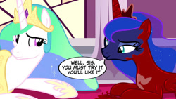 Size: 1192x670 | Tagged: safe, artist:14oliverhedgehog, artist:barrelslover, edit, edited screencap, screencap, princess celestia, princess luna, alicorn, pony, a royal problem, g4, dialogue, duo, duo female, female, latex, living latex, living suit, looking at each other, lying down, mare, mind control, parasite, prone, remake, royal sisters, siblings, sisters, smiling, smiling at each other, speech bubble, symbiote, venom