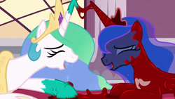 Size: 1192x670 | Tagged: safe, artist:14oliverhedgehog, artist:barrelslover, edit, edited screencap, screencap, princess celestia, princess luna, alicorn, pony, a royal problem, duo, duo female, eyes closed, female, latex, laughing, living latex, living suit, lying down, mare, mind control, parasite, prone, remake, royal sisters, siblings, sisters, symbiote, transformation, venom