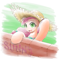 Size: 2000x2000 | Tagged: safe, artist:ragurimo, sunny starscout, earth pony, pony, g5, brick wall, cute, hat, high res, open mouth, smiling, solo, sunnybetes