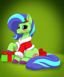 Size: 1250x1501 | Tagged: safe, artist:runningtoaster, oc, oc only, oc:chafine, earth pony, pony, blushing, bow, christmas, christmas gift, christmas outfit, colored hooves, earth pony oc, female, gradient background, holiday, mare, present, smiling, tail bow
