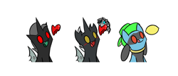 Size: 970x418 | Tagged: safe, artist:srmario, oc, oc:doctiry, oc:platan, oc:reinflak, changeling, riolu, bust, changeling oc, food, heart, lemon, licking, licking lips, male, platiry, pokémon, simple background, smiling, tongue out, white background