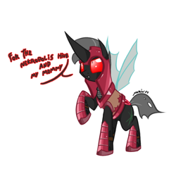 Size: 670x670 | Tagged: safe, artist:srmario, oc, oc only, oc:reinflak, changeling, armor, changeling oc, helmet, raised hoof, red changeling, red eyes, simple background, solo, talking, white background