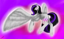 Size: 1149x695 | Tagged: safe, artist:penrosa, oc, oc only, pegasus, pony, abstract background, grin, pegasus oc, signature, smiling, solo, wings