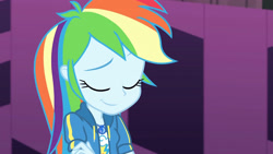 Size: 3410x1920 | Tagged: safe, screencap, rainbow dash, constructive criticism, equestria girls, equestria girls series, g4, clothes, constructive criticism: rainbow dash, cutie mark, cutie mark on clothes, eyes closed, female, geode of super speed, high res, hoodie, jewelry, magical geodes, necklace, smiling, solo