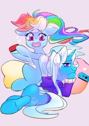 Size: 2480x3508 | Tagged: safe, artist:tingsan, rainbow dash, trixie, pegasus, pony, unicorn, g4, alternate hairstyle, clothes, duo, high res, nintendo switch, open mouth, simple background