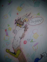 Size: 780x1040 | Tagged: safe, artist:diamond06mlp, oc, oc only, draconequus, abstract background, atg 2018, candy, draconequus oc, food, grin, male, newbie artist training grounds, smiling, solo, talking, traditional art