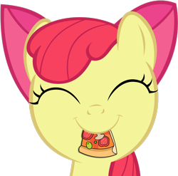 Size: 846x835 | Tagged: safe, artist:midnight-star234, apple bloom, earth pony, pony, g4, ^^, adorabloom, apple bloom's bow, bow, bust, cute, eyes closed, female, filly, food, hair bow, herbivore, pizza, simple background, smiling, solo, tomato, transparent background