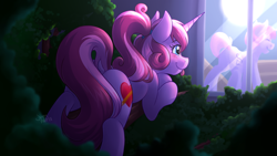 Size: 3840x2160 | Tagged: safe, alternate version, artist:sugaryviolet, oc, oc only, oc:sugary violet, pony, unicorn, blushing, butt, dock, high res, plot, smiling, tongue out, window