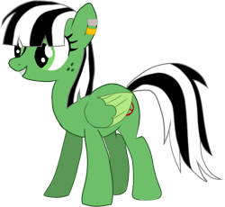 Size: 831x766 | Tagged: safe, artist:vilkathewolf, oc, oc only, oc:viridescent wings, pegasus, pony, ear piercing, earring, folded wings, freckles, green eyes, jewelry, looking sideways, pegasus oc, piercing, simple background, smiling, solo, standing, transparent background, wings