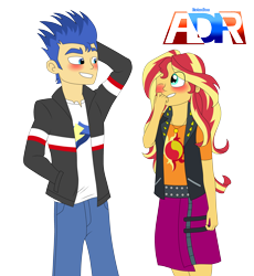 Size: 3000x3264 | Tagged: safe, artist:andykurosaki98, flash sentry, sunset shimmer, equestria girls, g4, arm behind head, blushing, female, grin, high res, looking at each other, male, one eye closed, ship:flashimmer, shipping, simple background, smiling, straight, transparent background