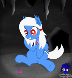 Size: 3840x4154 | Tagged: safe, artist:damlanil, oc, oc only, oc:snowy clouddancer, bat pony, pony, bat wings, cave, collar, commission, diamond, ear fluff, gemstones, high res, red eyes, show accurate, sitting, slit pupils, smiling, solo, vector, wings