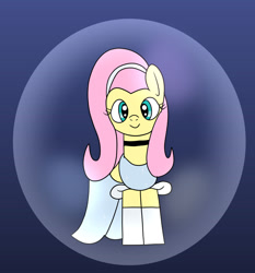 Size: 1280x1374 | Tagged: safe, alternate version, artist:platinumdrop, fluttershy, pony, g4, bubble, cinderella, clothes, disney, disney princess, dress, female, front view, gown, gradient background, in bubble, looking at you, mare, request, simple background, solo