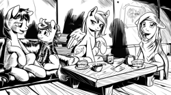 Size: 4256x2364 | Tagged: safe, artist:lexx2dot0, oc, oc only, oc:dawn, oc:dawn (project horizons), oc:morning glory (project horizons), oc:p-21, oc:scotch tape, earth pony, pegasus, pony, fallout equestria, fallout equestria: project horizons, series:ph together we reread, g4, black and white, branded, clothes, dashite, dashite brand, fanfic art, grayscale, high res, horn, monochrome, pegasus oc, pipbuck, scar