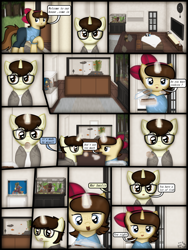 Size: 1750x2333 | Tagged: safe, artist:99999999000, oc, oc only, oc:cwe, oc:mar baolin, fish, pony, unicorn, comic:visit, aquarium, clothes, comic, cookie, couch, female, food, glasses, house, living room, male, television, tree