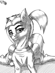 Size: 1795x2398 | Tagged: safe, artist:max_torreto, shimmy shake, pony, g4, black and white, cheerleader, clothes, grayscale, monochrome, pretty, skirt, solo