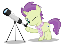 Size: 4760x3380 | Tagged: safe, artist:strategypony, oc, oc only, oc:sky spark, pony, unicorn, clothes, cute, female, filly, foal, horn, one eye closed, raised hoof, scarf, show accurate, simple background, stargazing, telescope, transparent background, underhoof, unicorn oc, younger