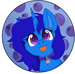 Size: 1219x1197 | Tagged: safe, alternate character, alternate version, artist:rokosmith26, oc, oc only, oc:delly, pony, unicorn, :p, blue background, blueberry, bust, cheek fluff, collar, commission, cute, ear fluff, female, food, horn, long hair, long mane, looking at you, mare, pink eyes, simple background, smiling, solo, tongue out, unicorn oc, ych result