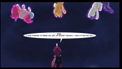 Size: 1524x863 | Tagged: safe, artist:chedx, edit, applejack, pinkie pie, rarity, tempest shadow, earth pony, pony, unicorn, comic:the storm kingdom, g4, my little pony: the movie, applejack's hat, bad end, balloonbutt, bodysuit, butt, clothes, cowboy hat, cropped, crystal of light, frog (hoof), general tempest shadow, hat, helmet, implied fluttershy, implied rainbow dash, implied spike, looking up, nose in the air, plot, rearity, underhoof, upside down