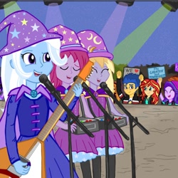 Size: 1378x1378 | Tagged: safe, artist:sarawalt15, flash sentry, fuchsia blush, lavender lace, starlight glimmer, sunset shimmer, trixie, equestria girls, g4, concert, female, guitar, microphone, musical instrument, singing, stage, trio, trio female, trixie and the illusions