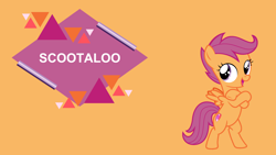 Size: 4400x2475 | Tagged: safe, artist:phucknuckl, edit, editor:quoterific, scootaloo, pegasus, pony, g4, bipedal, board, crossed arms, cute, cutealoo, female, filly, high res, looking back, open mouth, solo, text, vector, wallpaper