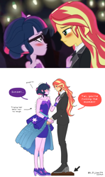 Size: 1096x1856 | Tagged: safe, artist:lzjian79, edit, edited screencap, screencap, sci-twi, sunset shimmer, twilight sparkle, equestria girls, g4, my little pony equestria girls: legend of everfree, clothes, dress, elegant, female, laughing, lesbian, ship:sci-twishimmer, ship:sunsetsparkle, shipping, skirt, snickering, speech bubble, suit, tall, tuxedo